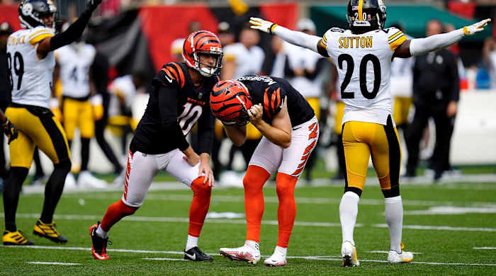 Sep 11, 2022; Cincinnati, Ohio, USA; Cincinnati Bengals place kicker Evan McPherson (2) reacts after missing a field goal during the overtime period of a Week 1 NFL football game against the Pittsburgh Steelers at Paycor Stadium.
